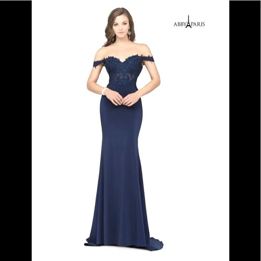 NEW Abby Paris By Lucci Lu 981052 navy blue off the shoulder maxi gown dress 6